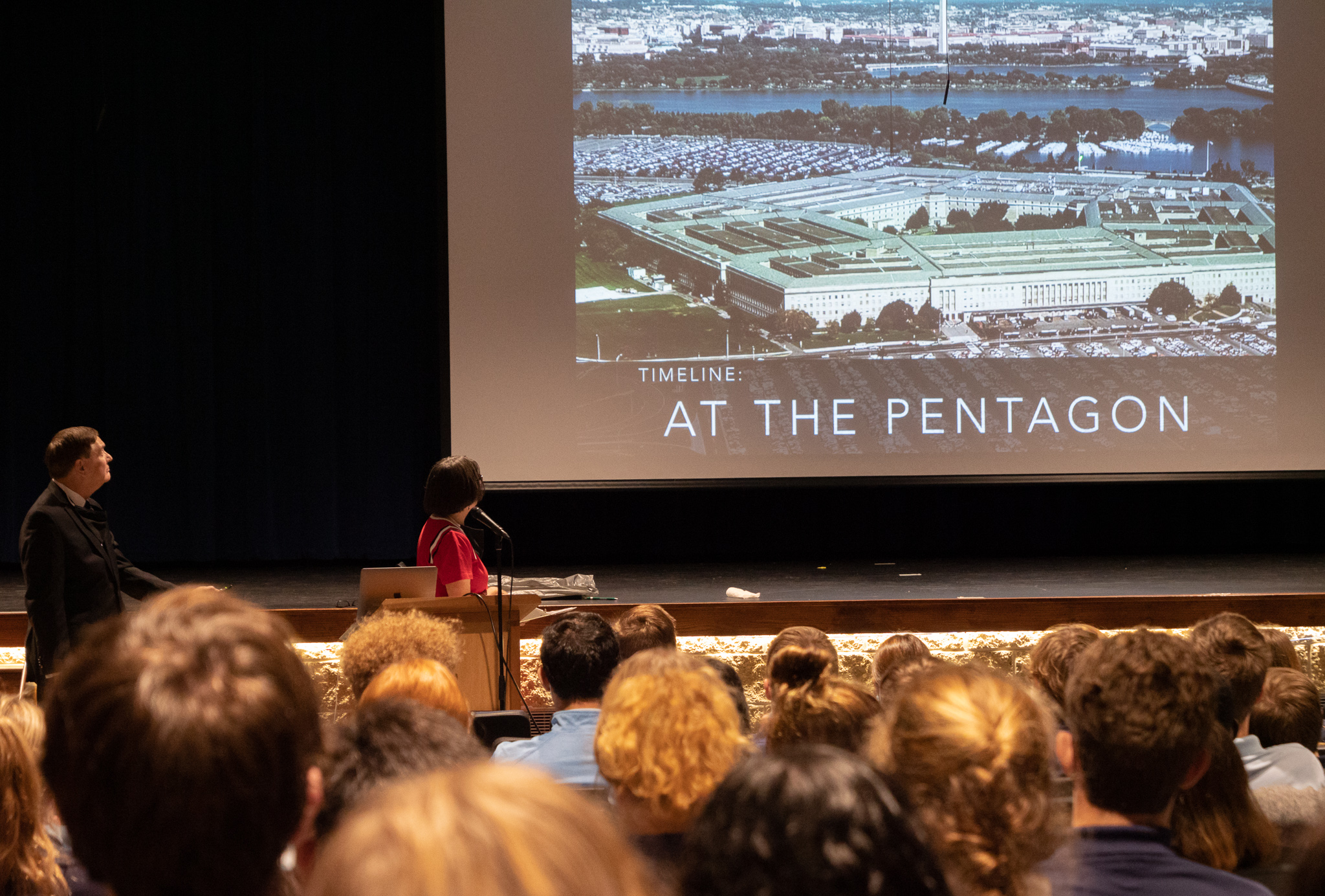 Senior students are in the auditorium watching a presentation on The Pentagon.