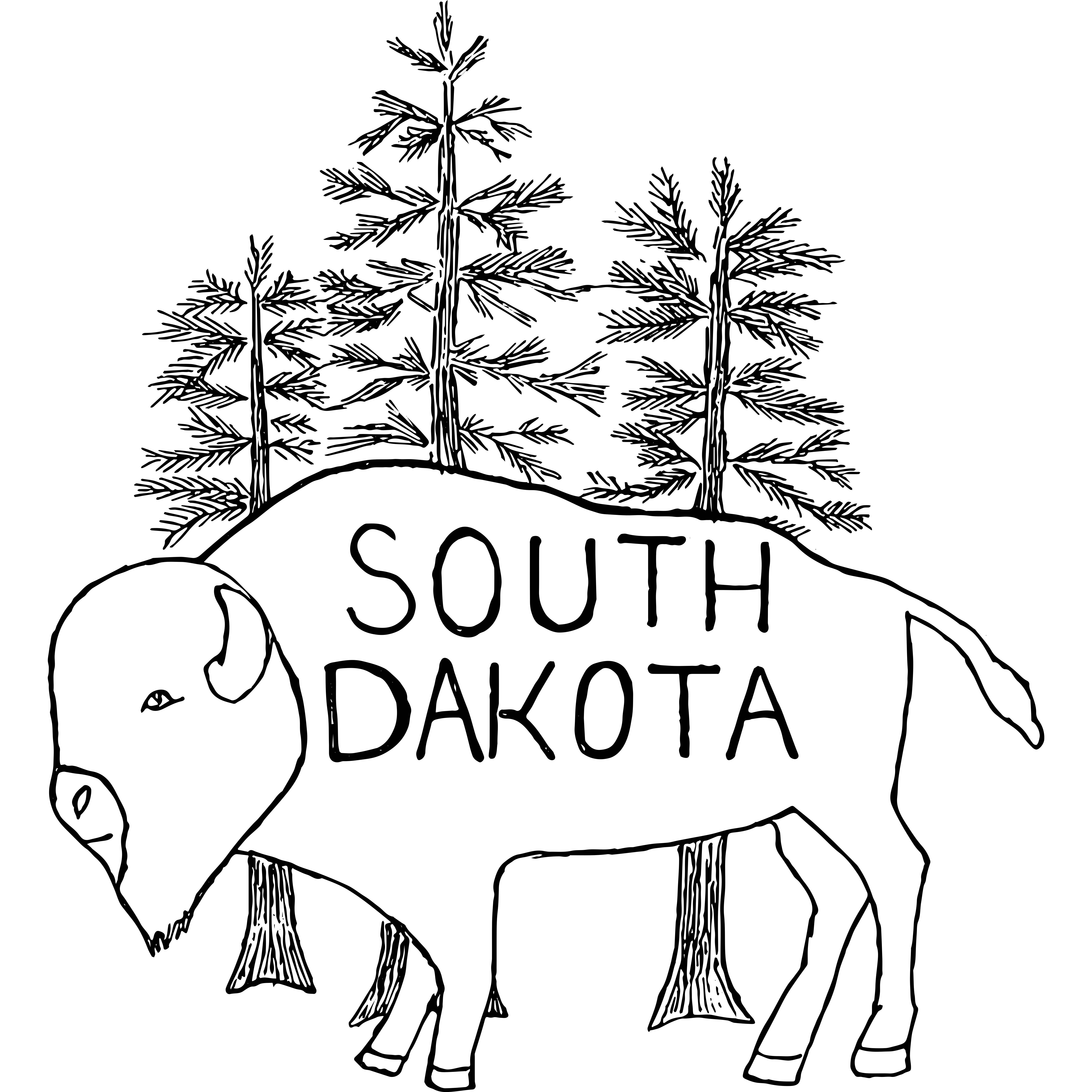 A Bison and trees. It says South Dakota on the bison
