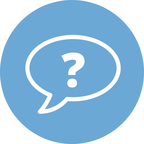 Question mark in a text bubble.